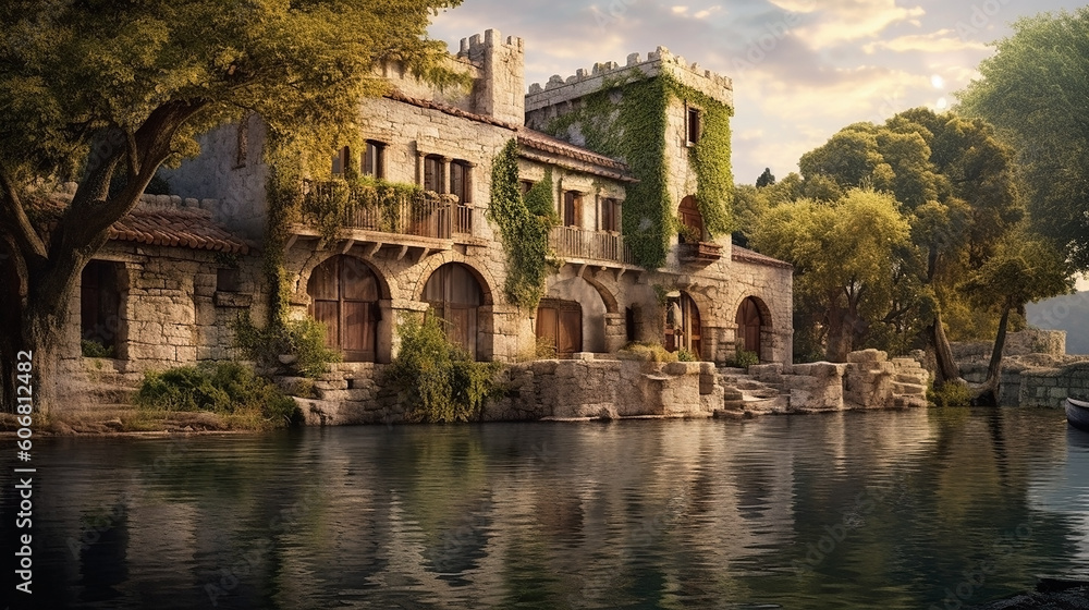 lakeside ancient buildings
Generative AI illustration