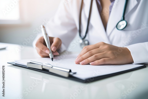 unrecognizable Doctor sitting at desk and writing a prescription for her patient