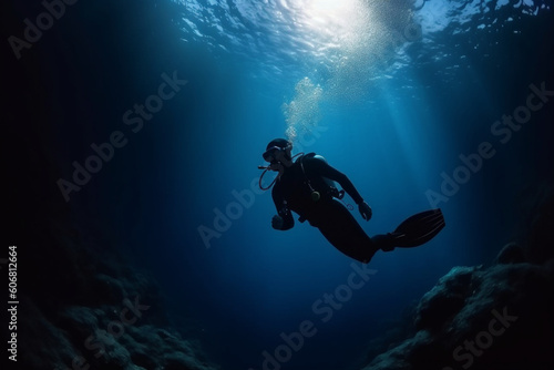 Woman scuba diving in deep blue sea banner on black background