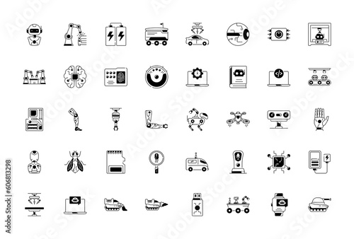 Simple Set of Robots Related Vector Line Icons. Contains such Icon as Autopilot, Chatbot, Broken Bot and more. Robotic Illustration 