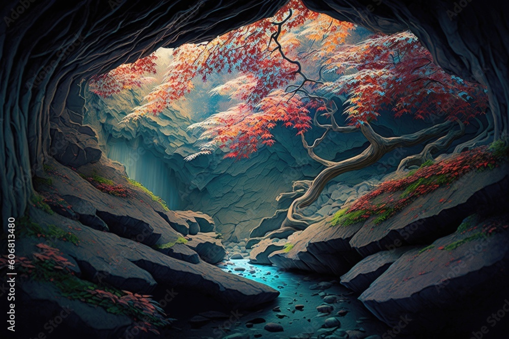 View of an autumn forest from a cave and a river in the mountains
