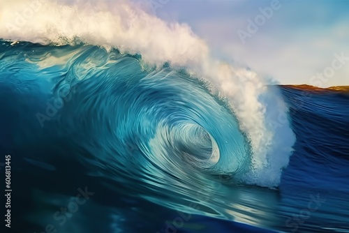 Digital painting of inside a beautiful cresting wave, inside ocean wave barrel, glassy ocean wave art