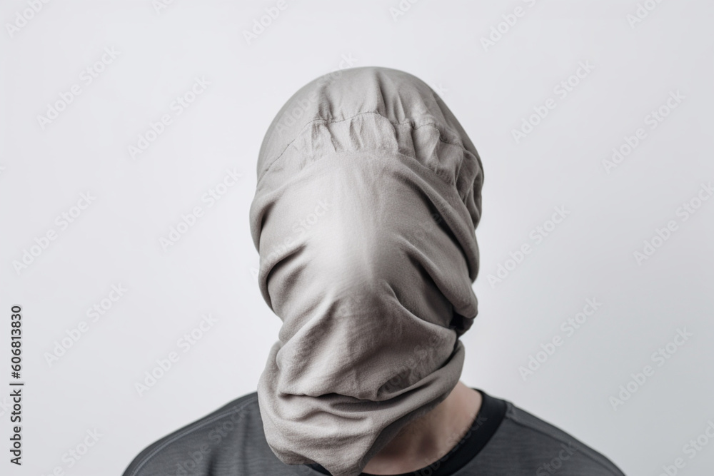 Unrecognizable person with his face covered by his own hair wearing a brimless cap, White background, Artistic photo,