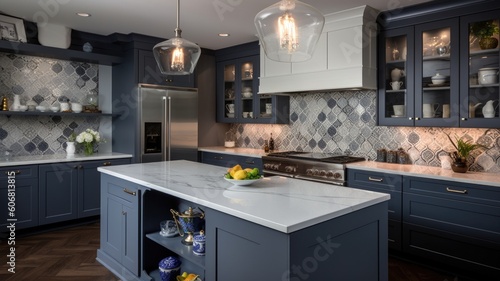 Interior design of Kitchen in Transitional style with Backsplash decorated with Ceramic, glass, marble, stainless steel material. Colonial revival architecture. Generative AI AIG24. photo