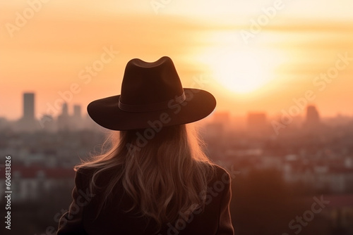 Woman in hat at city in sunset rear view