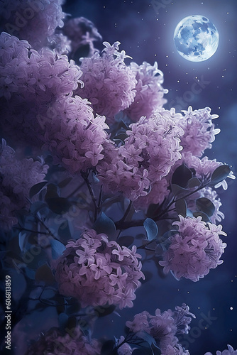 blooming lilac bush at fullmoon night photo