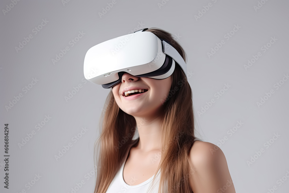 Φωτογραφία Young woman with smile is wearing a VR headset for virutal entertainment, Genera
