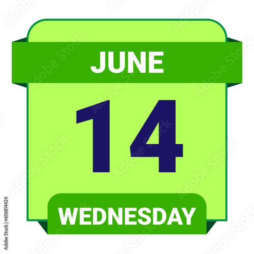 14 June, Wednesday. Date template. Useful design for calendar or event promotion. Vector illustration EPS 10 File. Isolated on white background.