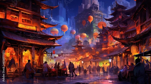 illustration of beautiful Chinese old town with crowd of people walk on street, Generative Ai