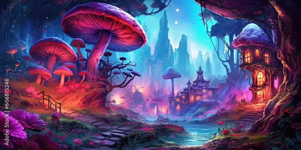 Fototapeta premium ambient fantasy magic forest landscape, a hut in enchanted forest, Generative Ai