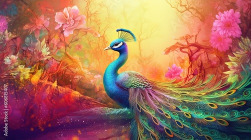 illustration of a peacock bird in enchanted forest, Generative Ai