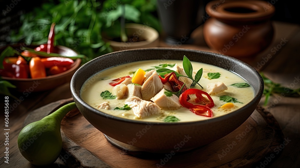 Close up Thai traditional dish, Tom Kha Kai, Chicken galangal coconut milk soup, Generative Ai