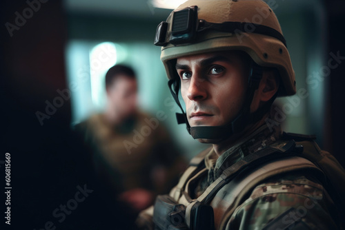 Soldier ensures secure diplomatic meeting. Generative AI © AIproduction