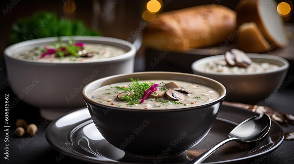 close up creamy mushroom soup, Generative Ai close up creamy mushroom soup, Generative Ai