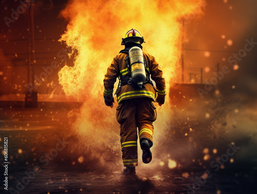 A firefighter complete with firefighting suit and gear is bravely running. In the background, the fire is raging and rising. photo