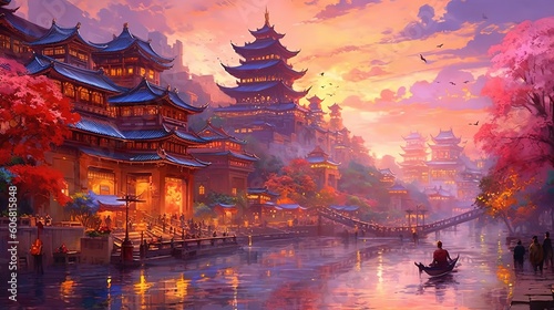 illustration of ancient Chinese old town at riverside  idea for home wall decor  Generative Ai