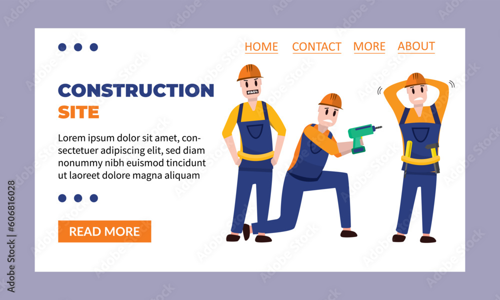 builders, handymen, repairmen in helmets landing. dissapointed male builders dressed in work clothes, construction overalls. vector flat cartoon characters. builders, handymen, repairmen in helmets landing. dissapointed male builders dressed in work clothes, construction overalls. vector flat cartoon characters.