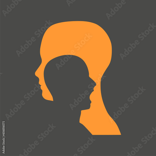 Human face side view silhouette. Schizophrenia and split personality disorder and mental health psychiatric disease concept. Mental health