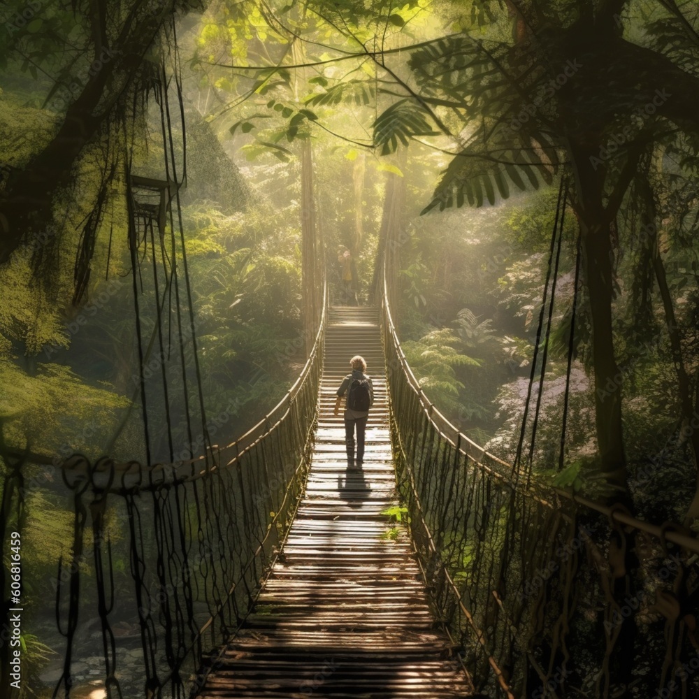 Fototapeta premium Man crossing a hanging bridge over a river, Generative AI