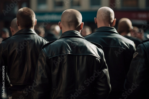 Back view of group of skinhead neo-nazis in leather jackets. 
