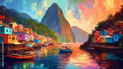 illustration of beautiful tranquil landscape of valley village beside river, Generative Ai