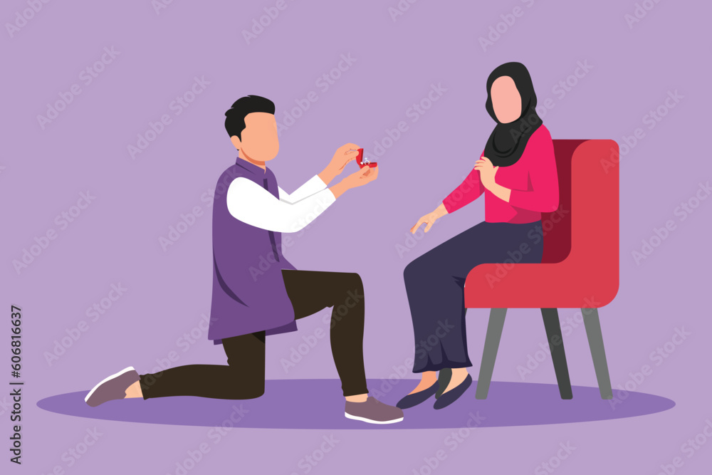 Fototapeta premium Graphic flat design drawing happy Arab man proposes to woman sitting on chair and gives ring. Couple getting ready for wedding. Bride and groom celebrate engagement. Cartoon style vector illustration