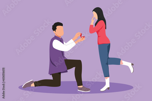 Character flat drawing cheerful Arab man kneeling offering engagement ring to his girlfriend. Young guy on knees proposing girl to marry. Marriage proposal concept. Cartoon design vector illustration