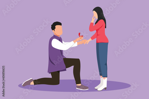 Cartoon flat style drawing Arabian man kneeling holding engagement ring proposing woman marry him. Happy marriage wedding. Guy on knees proposing cute girl to marry. Graphic design vector illustration