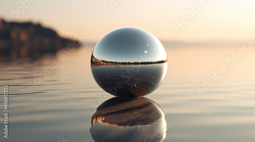 Serenity's Reflection: Captivating Metallic Sphere on Calm Waters. Generative AI