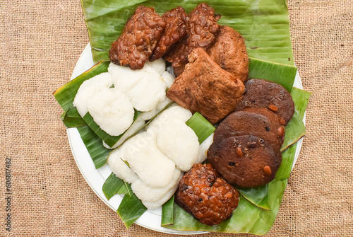 Jadah Tempe, traditional food from Jogja, Indonesia. Jadah tempe is made from savory sticky rice and fried bacem tempe.