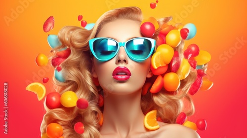 Tropical bright colorful background with exotic fruits and flowers. Summer minimal fashion concept.