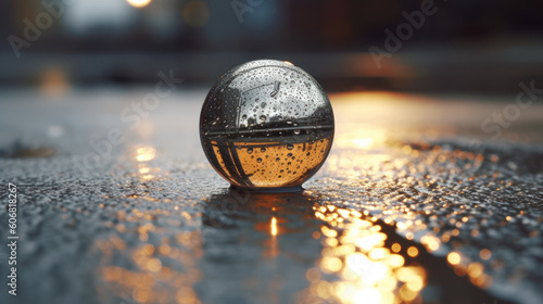 Night s Reflection  The Enigmatic Metallic Sphere on Rain-Soaked Asphalt. Generative AI