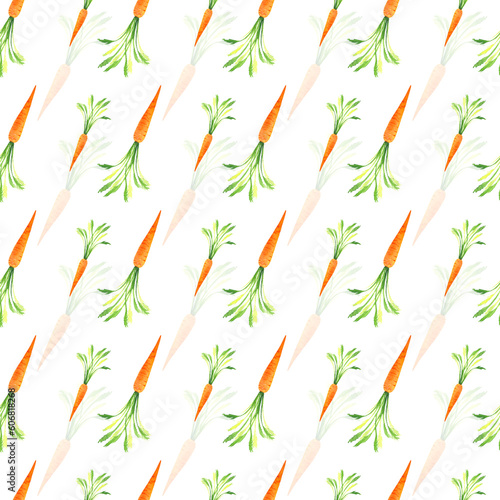 carrot, carrot pattern hand drawn in watercolor, hand drawn, vegetables, root vegetables, isolated pattern on a white background