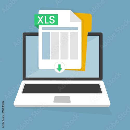 Download di file Excel. Xls foglio scaricare in laptop. Icona del foglio di calcolo per l'esportazione o l'importazione di dati. Documento per ufficio e computer. Pulsante per il caricamento di xlsx.  photo
