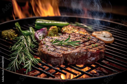 Sizzling Steak Delight. Perfectly Grilled. Medium Rare Juicy Steak with Rosemary