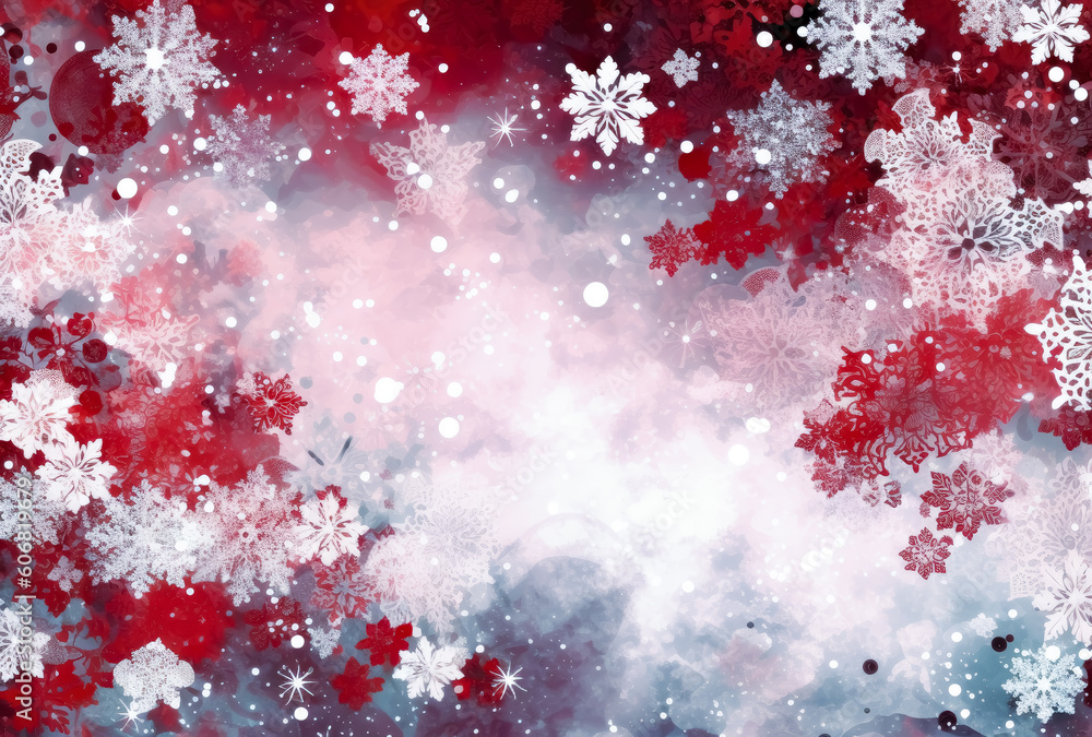 Red and white Christmas landscape with snowflakes and trees, dark red and white, monochrome landscapes. Generative Ai Illustration. Red and white Christmas landscape with snowflakes and trees, dark red and white, monochrome landscapes. Generative Ai Illustration.