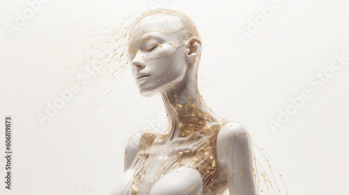 A portrait of a woman as an Artificial Intelligence is learning to process big data. A close up of a humanoid robot female thinking in a digital world. Technology and science concept. Generative AI