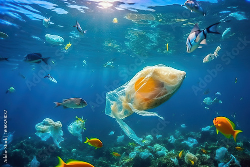 Illustration of a plastic bag polluting the ocean and harming marine life created with Generative AI technology