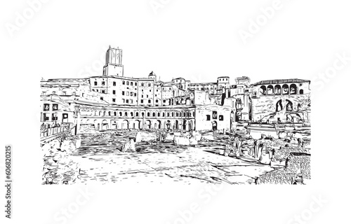 Building view with landmark of Rome is the capital city in Italy. Hand drawn sketch illustration in vector.