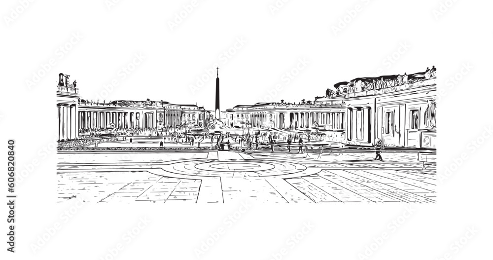 Building view with landmark of  Rome is the capital city in Italy. Hand drawn sketch illustration in vector.