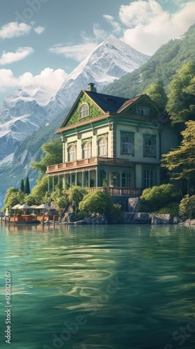 the lake and a floating building surrounded by mountains Generative Ai