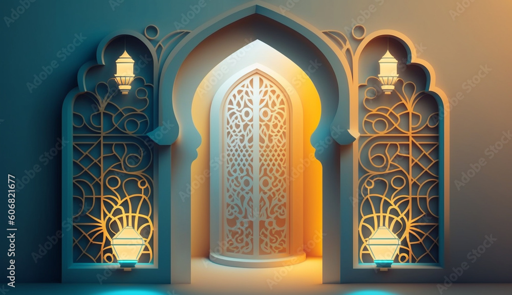 islamic background with moon lanterns and mosque for ramadan eid ul ...