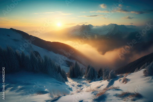 Winter mountains with sunrise, blue smoke, and beautiful snow background. Generative AI