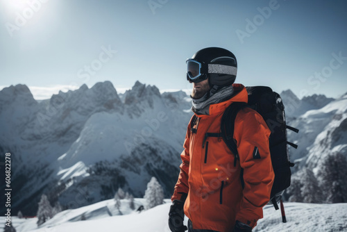Winter skiing in Dolomites with equipment and mountains in the view. Generative AI