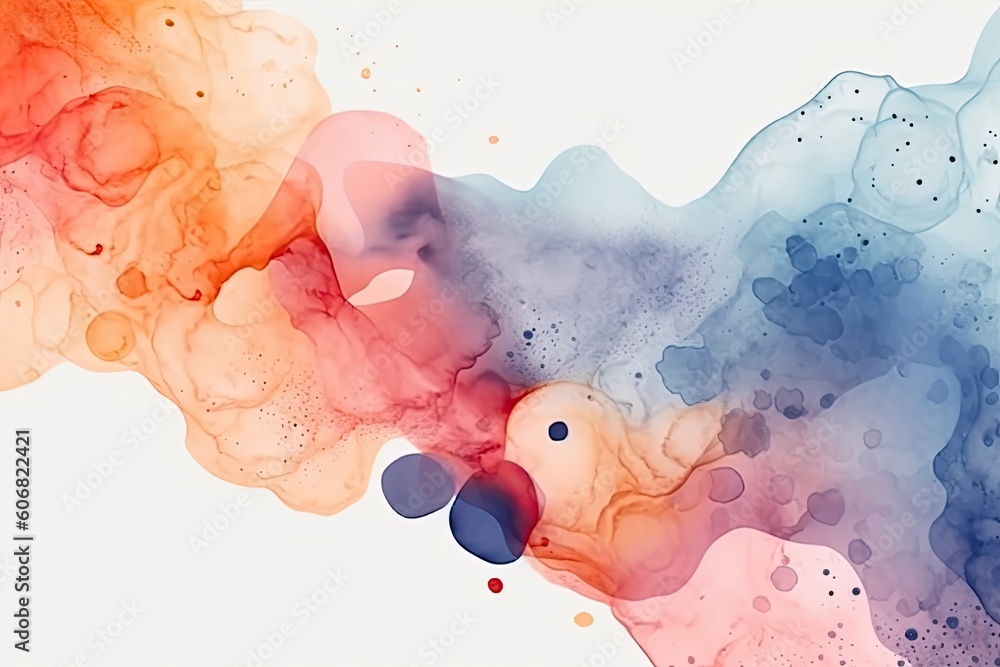 Clean minimal watercolor background with abstract shapes and pastel colors in contrast, paint splash. Generative AI illustration
