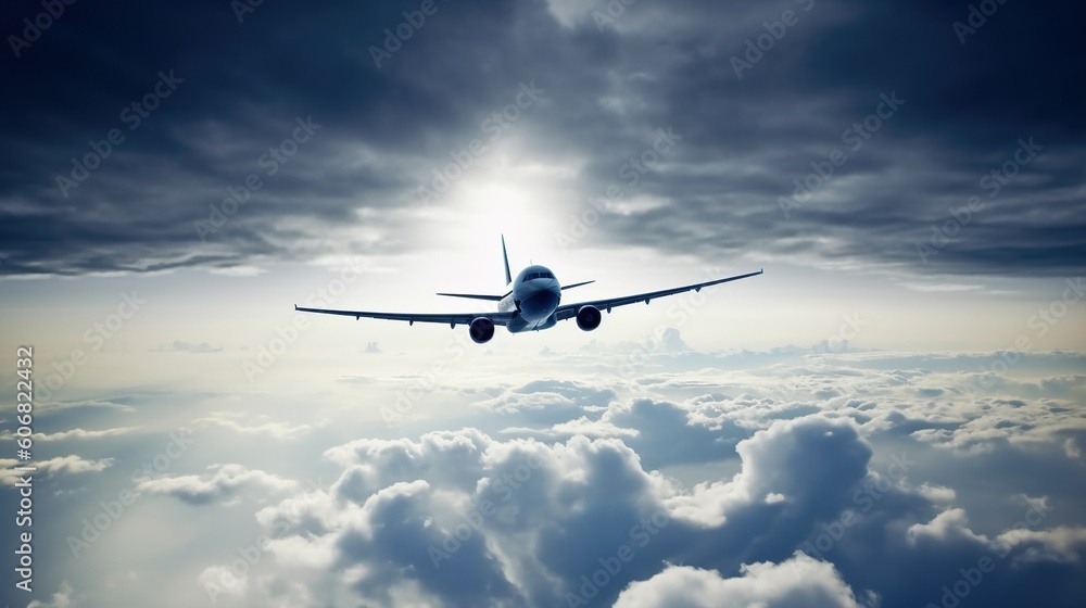 Fototapeta premium A large passenger airplane aircraft flies above the clouds. Generative Ai technology.