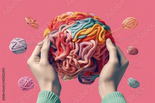 Contemporary art collage. Human hands knitting brain. Growing psychological and emotional stability. Concept of psychology, inner world, mental health. Conceptual art. Generative AI illustration.