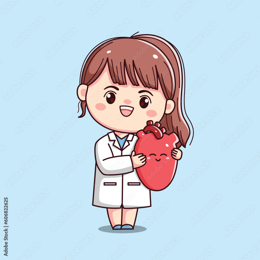 Cute cardiologist female doctor holding heart kawaii chibi flat outlined character Cute cardiologist female doctor holding heart kawaii chibi flat outlined character
