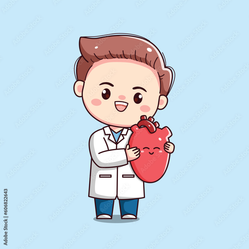 Cute cardiologist male doctor holding heart kawaii chibi flat outlined character Cute cardiologist male doctor holding heart kawaii chibi flat outlined character