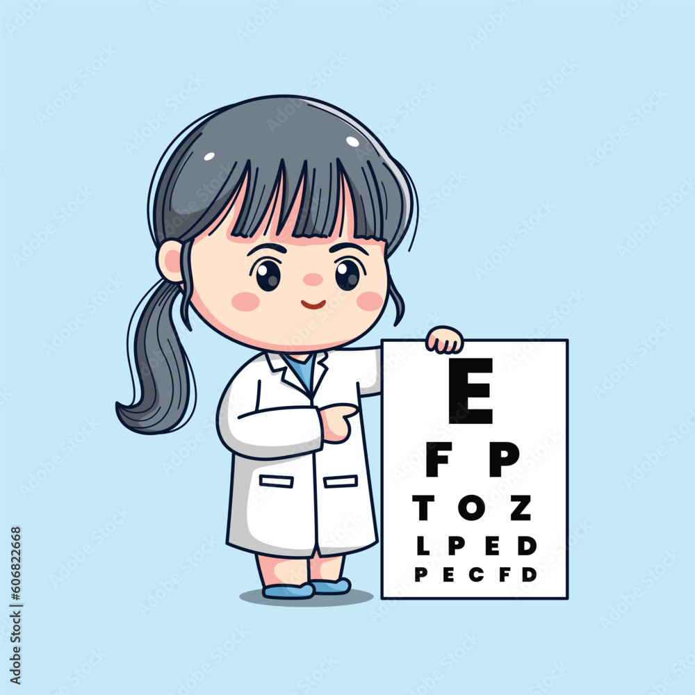 Obraz na plátně Cute ophthalmologist female doctor kawaii chibi flat outlined character